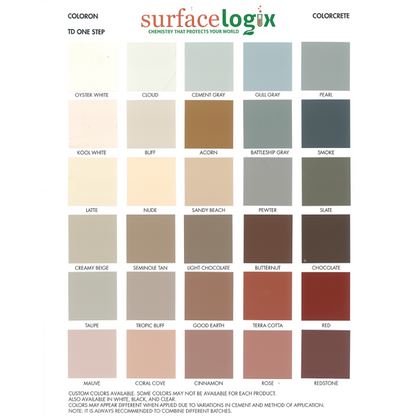 Color Chart for Surfacelogix Colorcrete water based tinted concrete sealer 100% waterborne acrylic resins with hard, semi-gloss film 