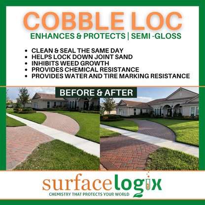 Surface Logix Cobble Loc Clear Sealer with Grip for pavers and driveways. Same day sealer infographic 1