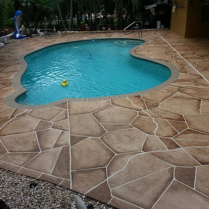 Tan stained pool deck Surfacelogix Colorcrete water based tinted concrete sealer 100% waterborne acrylic resins with hard, semi-gloss film 