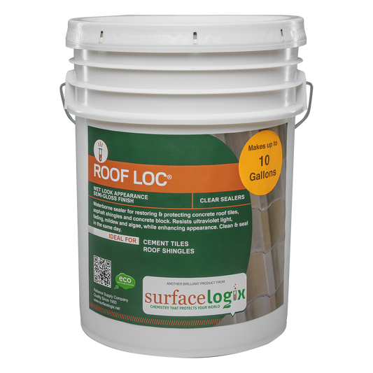 Roof Loc is water-based protection for concrete/cement roof tiles/shingles. Resists ultraviolet light, fading, mildew, algae, etc. to keep your roof looking great longer between cleanings! Clean and seal in the same day, even on damp surfaces. Bring back the beauty and protect your roof with eco-friendly Roof Loc!