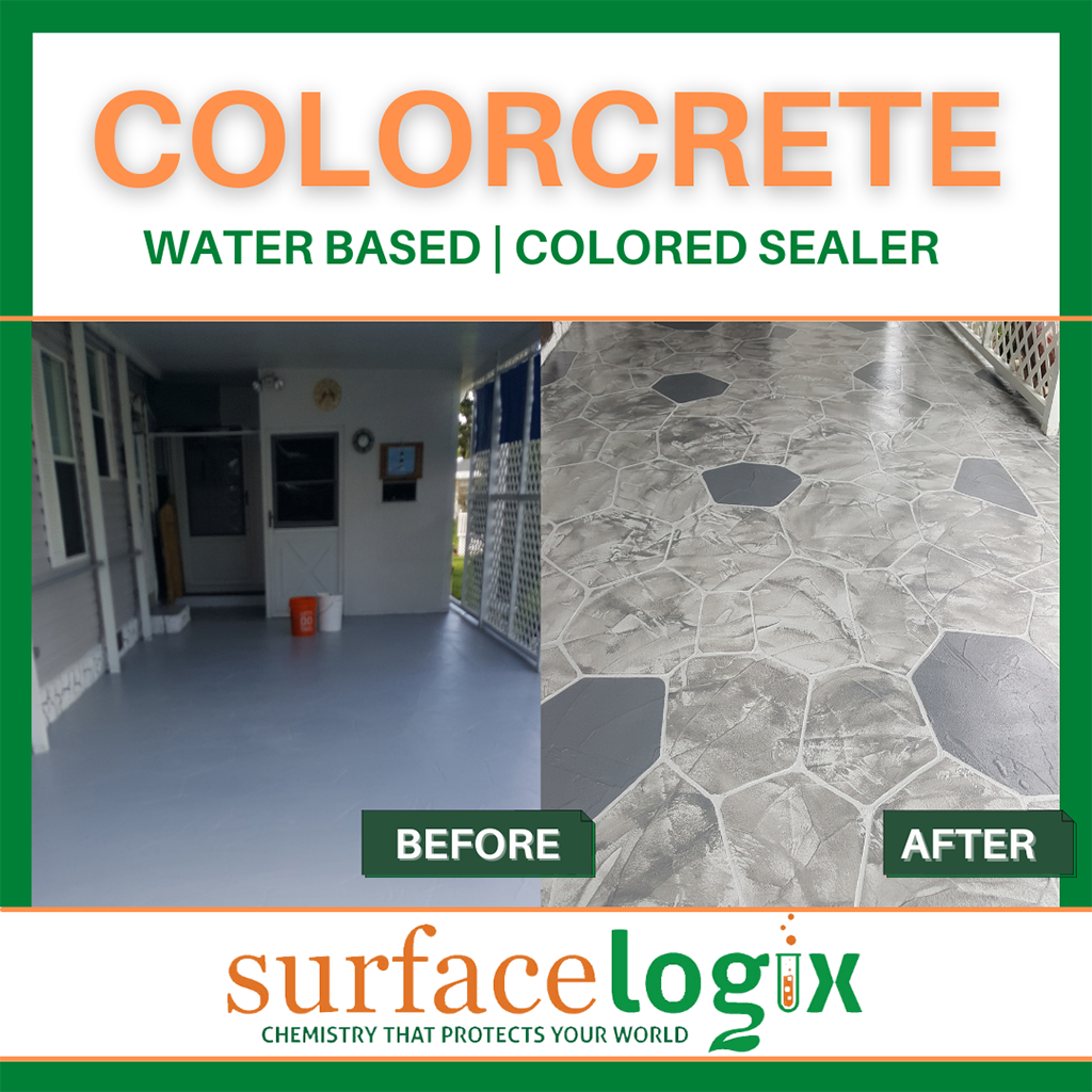Surfacelogix Colorcrete water based tinted concrete sealer 100% waterborne acrylic resins with hard, semi-gloss film Infographic 1