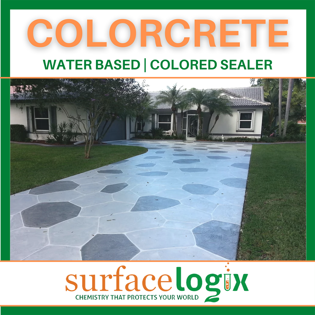 Surfacelogix Colorcrete water based tinted concrete sealer 100% waterborne acrylic resins with hard, semi-gloss film infographic2
