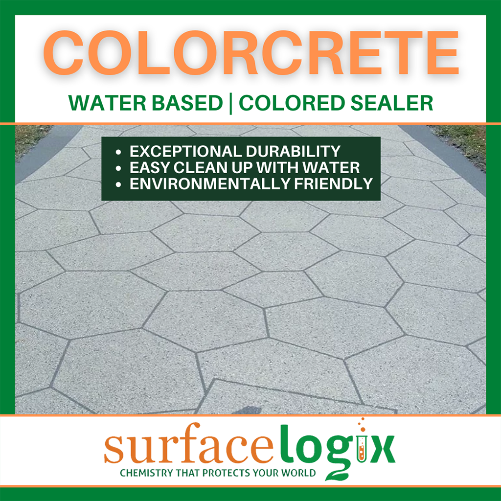 Surfacelogix Colorcrete water based tinted concrete sealer 100% waterborne acrylic resins with hard, semi-gloss film infographic 3
