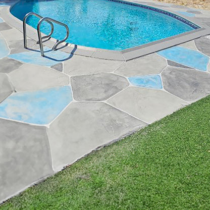 Blue and grey pool stone patio Surfacelogix Colorcrete water based tinted concrete sealer 100% waterborne acrylic resins with hard, semi-gloss film 