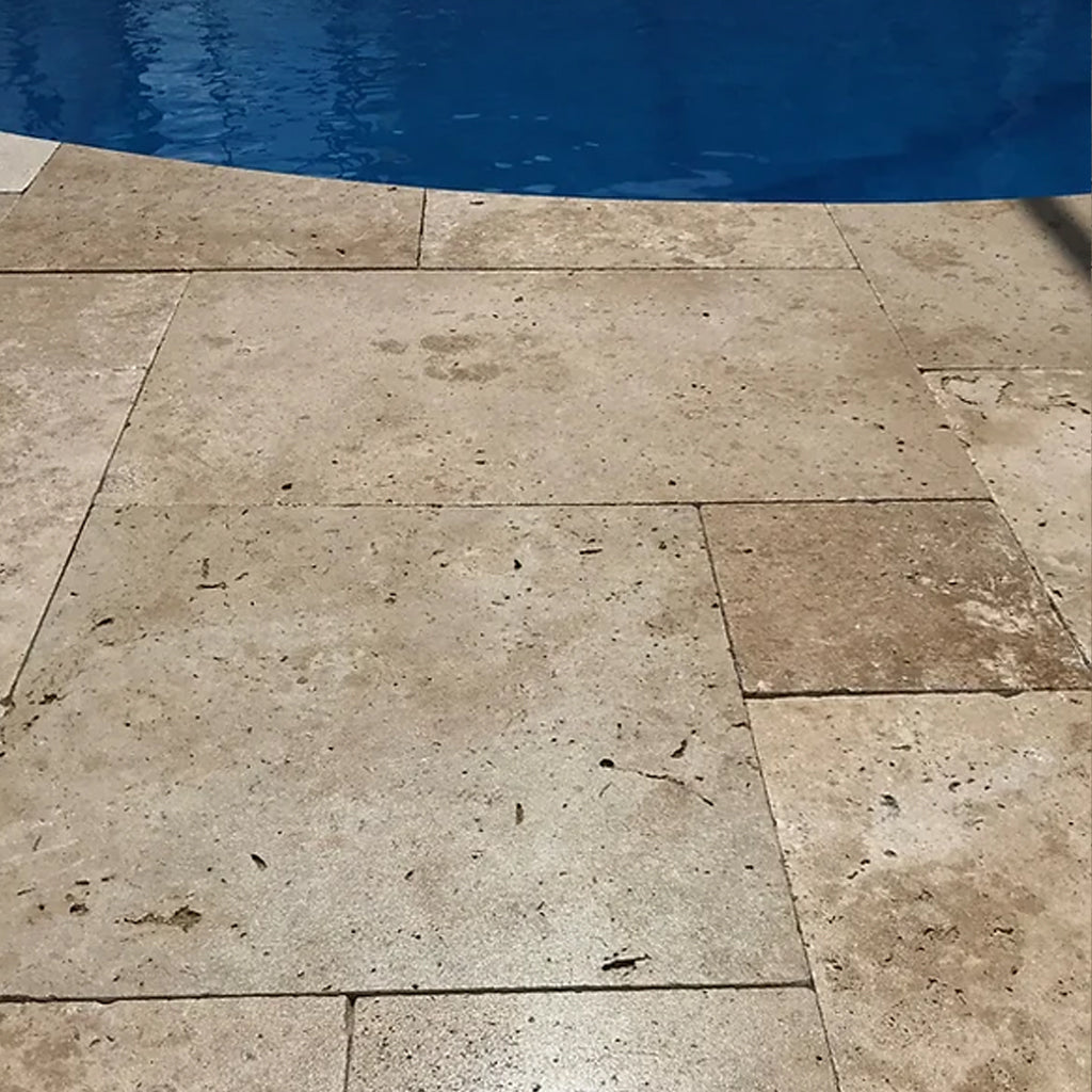 Pool deck with Cobble Grip is a water based semi-gloss finish sealer that helps protect travertine, natural stone and dense concrete pavers. Cobble Grip will provide resistance to UV, mildew and staining. Cobble Grip dries clear and cleans up with water on driveways, patios, walkways, and pool decks. Cobble Grip is eco-friendly.