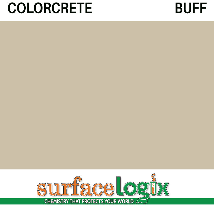 Buff Colorcrete pigmented water based concrete sealer is a unique blend of 100% waterborne acrylic resins that will leave a hard, semi-gloss film, protecting interior and exterior concrete surfaces, Surfacelogix Texture Deck Systems, and aged asphalt. Often used in staining concrete. 30 custom colors available.