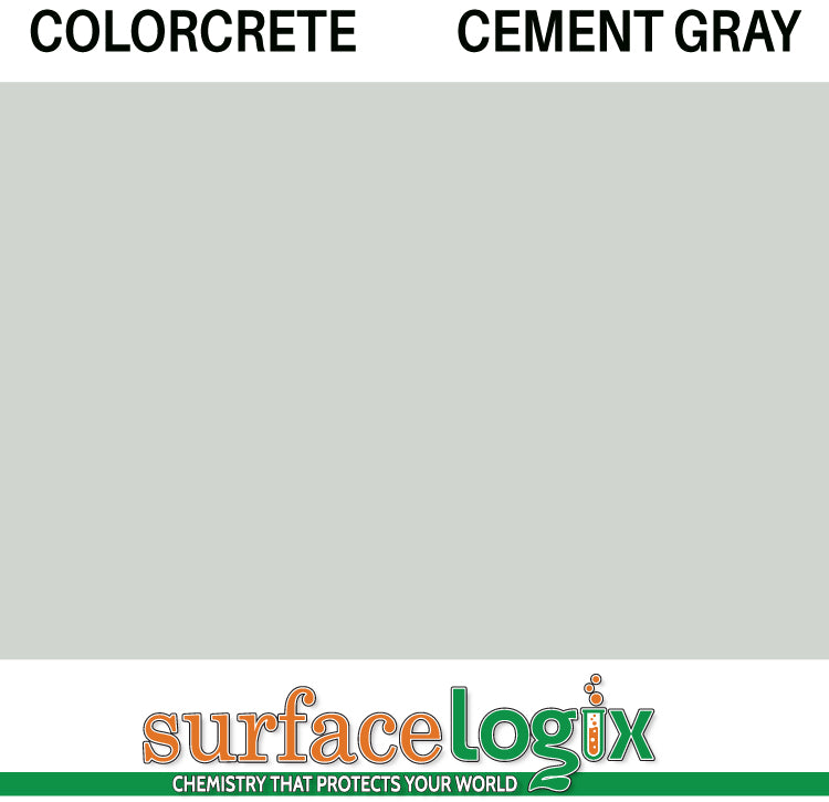 Cement Gray Colorcrete pigmented water based concrete sealer is a unique blend of 100% waterborne acrylic resins that will leave a hard, semi-gloss film, protecting interior and exterior concrete surfaces, Surfacelogix Texture Deck Systems, and aged asphalt. Often used in staining concrete. 30 custom colors available.