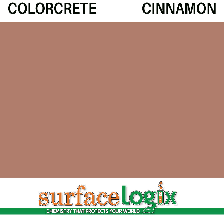 Cinnamon Colorcrete pigmented water based concrete sealer is a unique blend of 100% waterborne acrylic resins that will leave a hard, semi-gloss film, protecting interior and exterior concrete surfaces, Surfacelogix Texture Deck Systems, and aged asphalt. Often used in staining concrete. 30 custom colors available.