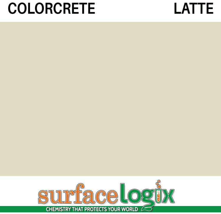 Latte Colorcrete pigmented water based concrete sealer is a unique blend of 100% waterborne acrylic resins that will leave a hard, semi-gloss film, protecting interior and exterior concrete surfaces, Surfacelogix Texture Deck Systems, and aged asphalt. Often used in staining concrete. 30 custom colors available.