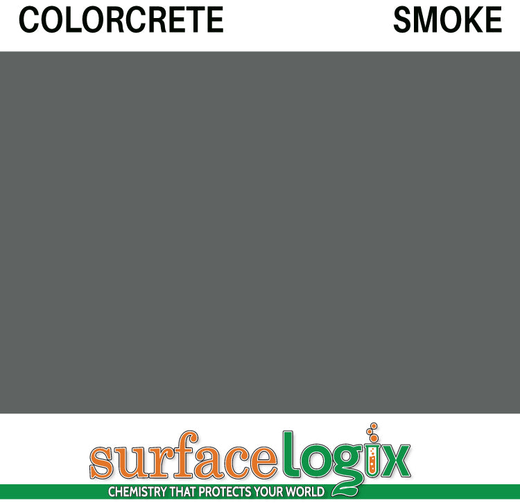 Smoke Colorcrete pigmented water based concrete sealer is a unique blend of 100% waterborne acrylic resins that will leave a hard, semi-gloss film, protecting interior and exterior concrete surfaces, Surfacelogix Texture Deck Systems, and aged asphalt. Often used in staining concrete. 30 custom colors available.