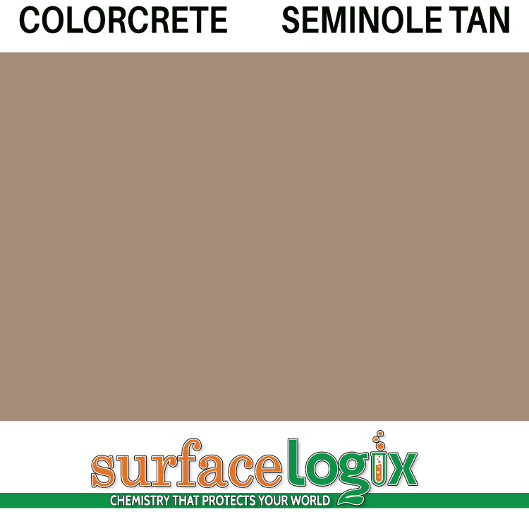 Seminole Tan Colorcrete pigmented water based concrete sealer is a unique blend of 100% waterborne acrylic resins that will leave a hard, semi-gloss film, protecting interior and exterior concrete surfaces, Surfacelogix Texture Deck Systems, and aged asphalt. Often used in staining concrete. 30 custom colors available.