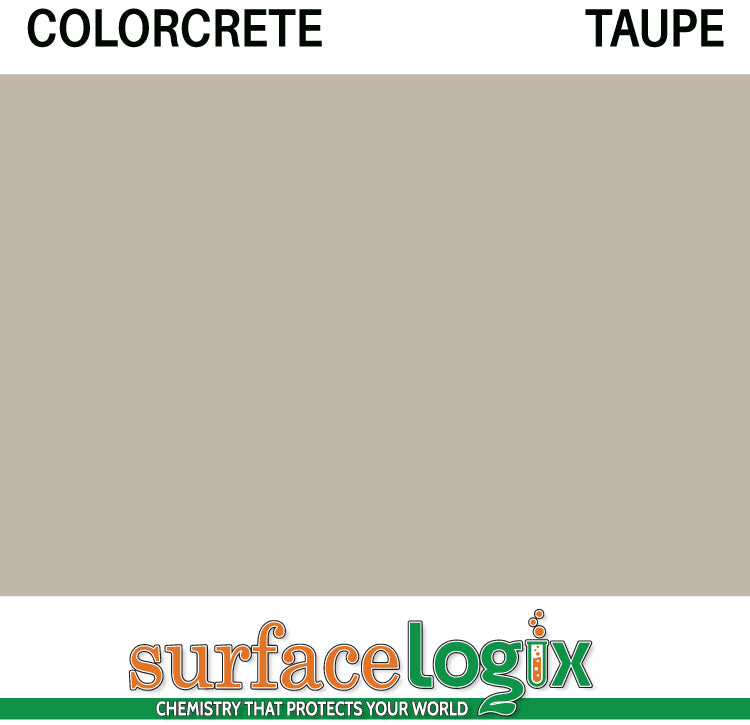 Taupe Colorcrete pigmented water based concrete sealer is a unique blend of 100% waterborne acrylic resins that will leave a hard, semi-gloss film, protecting interior and exterior concrete surfaces, Surfacelogix Texture Deck Systems, and aged asphalt. Often used in staining concrete. 30 custom colors available.